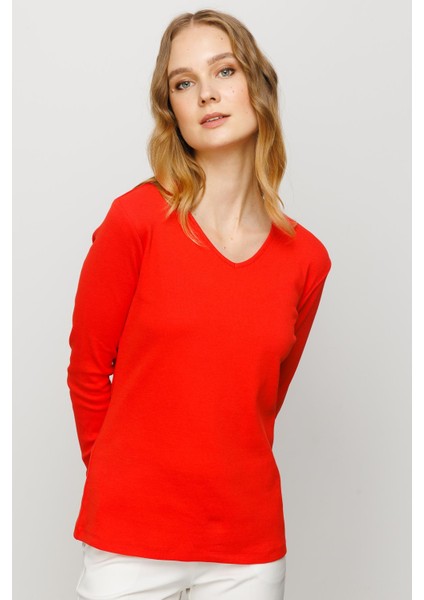 Kadın V Yaka Kaşkorse Pamuklu Bluz Oranj indirimleri