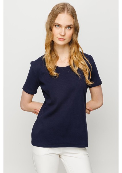 Kadın Sıfır Yaka Kısa Kol Pamuk Kaşkorse T-Shirt Lacivert