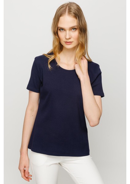 Kadın Sıfır Yaka Kısa Kol Pamuk Kaşkorse T-Shirt Lacivert fırsatları