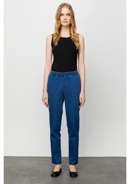 Kadın Beli Bağcıklı Lastikli Jean Pantolon Mavi