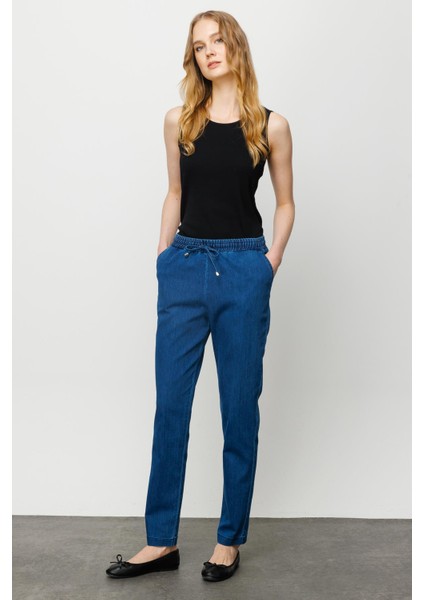 Kadın Beli Bağcıklı Lastikli Jean Pantolon Mavi