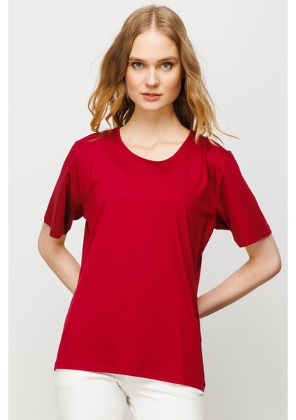 Kadın Sıfır Yaka Basic Penye T-Shirt Bordo