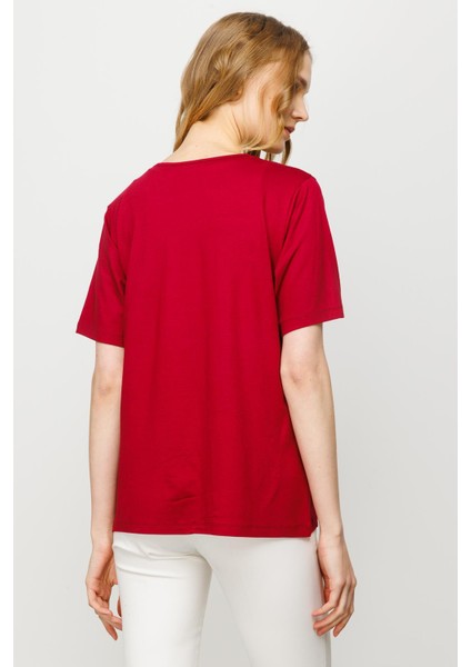 Kadın Sıfır Yaka Basic Penye T-Shirt Bordo