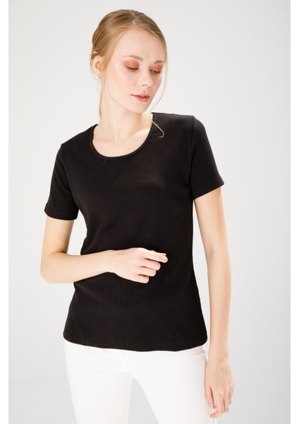 Kadın Sıfır Yaka Kısa Kol Pamuk Kaşkorse T-Shirt Siyah modelleri