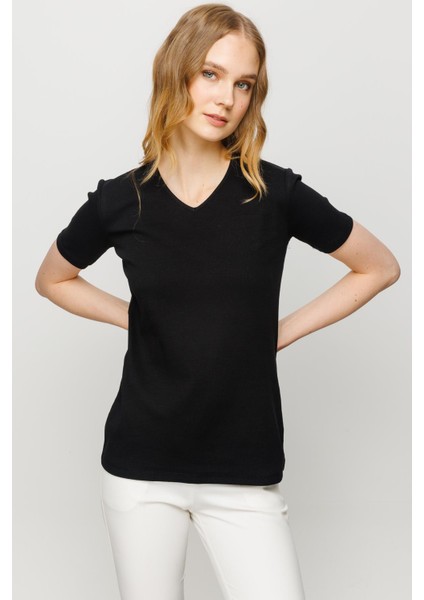 Kadın V Yaka Kaşkorse Pamuk T-Shirt Siyah modelleri