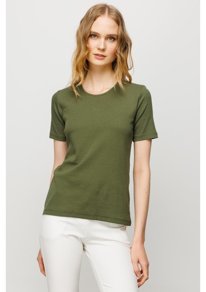 Kadın Sıfır Yaka Kısa Kol Pamuk Kaşkorse T-Shirt Haki fiyatları