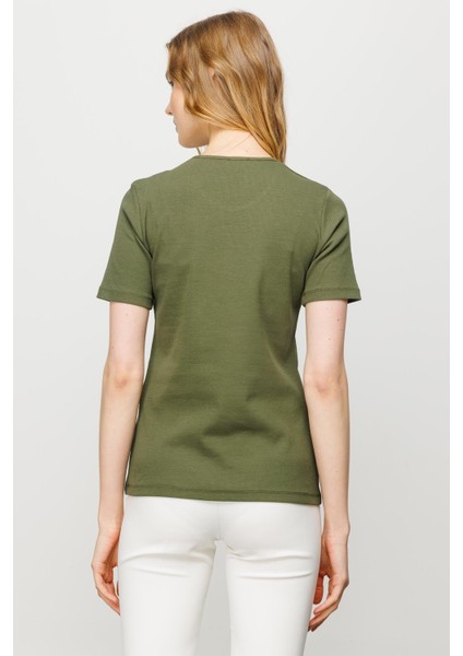 Kadın Sıfır Yaka Kısa Kol Pamuk Kaşkorse T-Shirt Haki modelleri