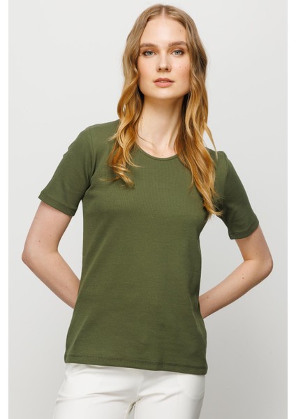 Kadın Sıfır Yaka Kısa Kol Pamuk Kaşkorse T-Shirt Haki indirimleri