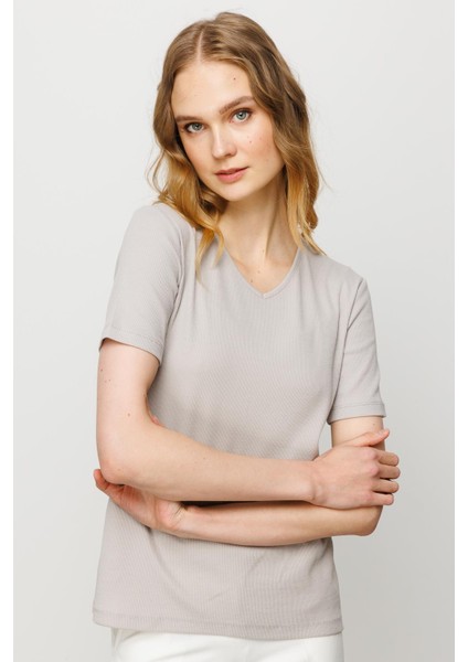 Kadın V Yaka Kaşkorse Pamuk T-Shirt Taş modelleri
