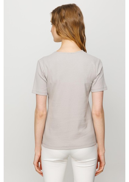 Kadın V Yaka Kaşkorse Pamuk T-Shirt Taş fırsatları