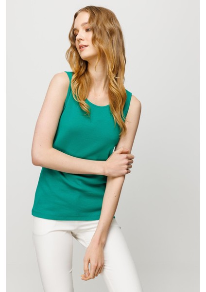 Kadın Sıfır Yaka Kaşkorse Pamuklu Askılı T-Shirt Yeşil modelleri