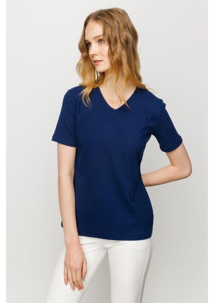 Kadın V Yaka Kaşkorse Pamuk T-Shirt Lacivert fiyatları