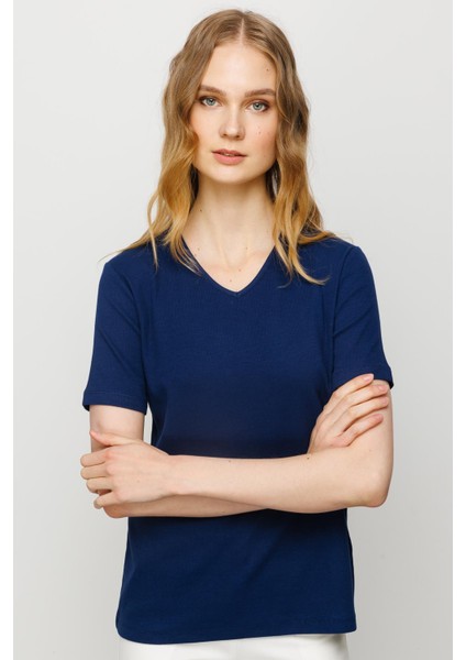 Kadın V Yaka Kaşkorse Pamuk T-Shirt Lacivert modelleri