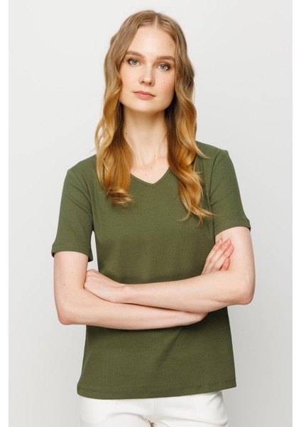 Kadın V Yaka Kaşkorse Pamuk T-Shirt Haki modelleri