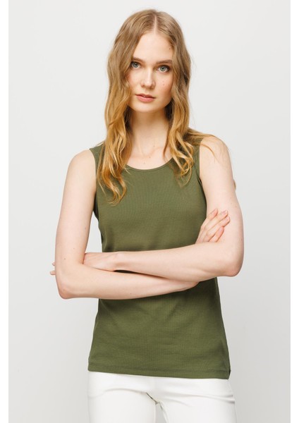 Kadın Sıfır Yaka Kaşkorse Pamuklu Askılı T-Shirt Haki