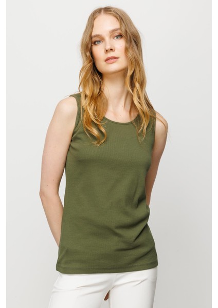 Kadın Sıfır Yaka Kaşkorse Pamuklu Askılı T-Shirt Haki modelleri