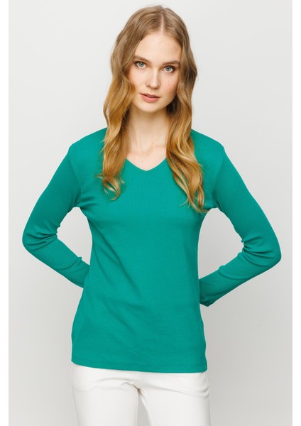 Kadın V Yaka Kaşkorse Pamuklu Bluz Yeşil