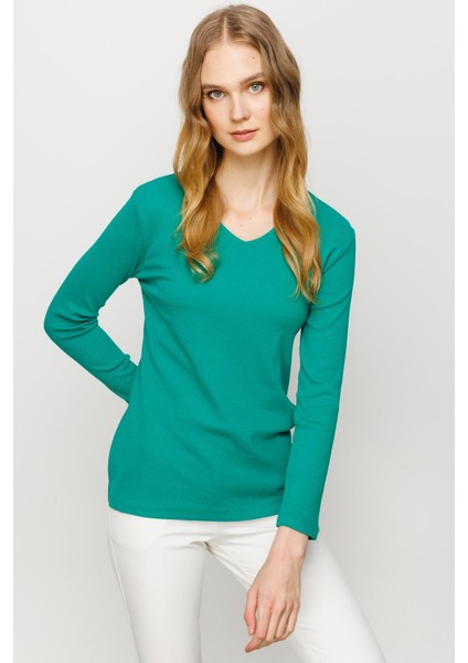 Kadın V Yaka Kaşkorse Pamuklu Bluz Yeşil fiyatları