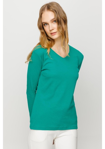 Kadın V Yaka Kaşkorse Pamuklu Bluz Yeşil modelleri