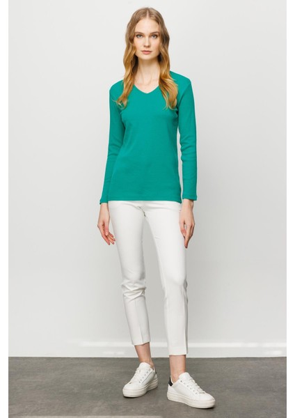 Kadın V Yaka Kaşkorse Pamuklu Bluz Yeşil indirimleri