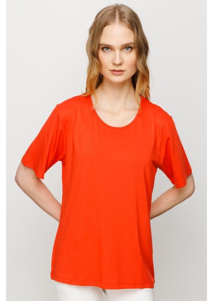 Kadın Sıfır Yaka Basic Penye T-Shirt Oranj