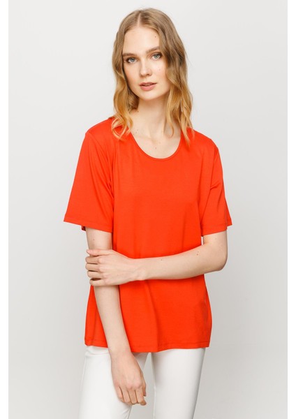 Kadın Sıfır Yaka Basic Penye T-Shirt Oranj fiyatları