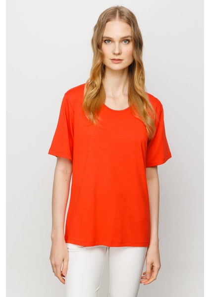 Kadın Sıfır Yaka Basic Penye T-Shirt Oranj modelleri