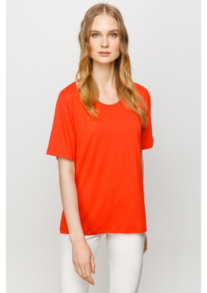 Kadın Sıfır Yaka Basic Penye T-Shirt Oranj indirimleri