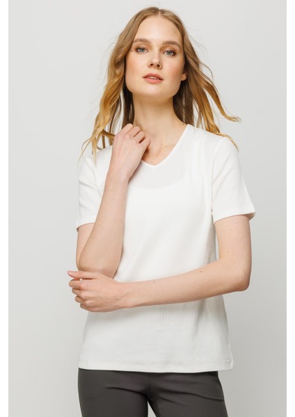 Kadın V Yaka Kaşkorse Pamuk T-Shirt Beyaz