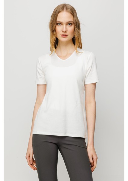 Kadın V Yaka Kaşkorse Pamuk T-Shirt Beyaz modelleri