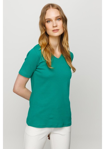 Kadın V Yaka Kaşkorse Pamuk T-Shirt Yeşil indirimleri