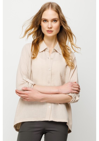 Kadın Geniş Kesim Düz Keten Gömlek Bej