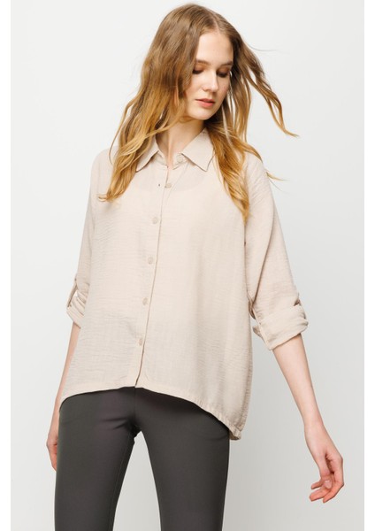 Kadın Geniş Kesim Düz Keten Gömlek Bej fiyatları