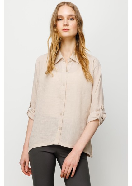 Kadın Geniş Kesim Düz Keten Gömlek Bej modelleri