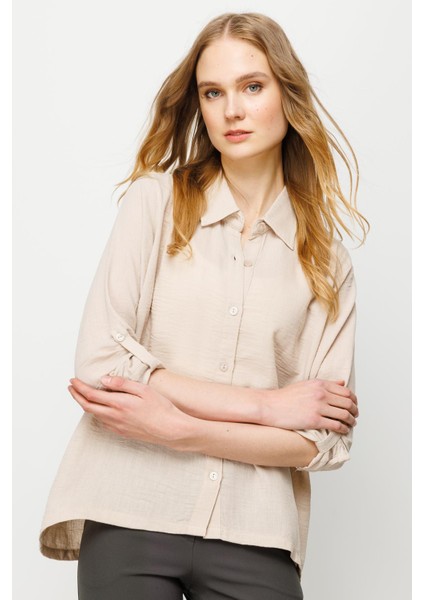 Kadın Geniş Kesim Düz Keten Gömlek Bej fırsatları