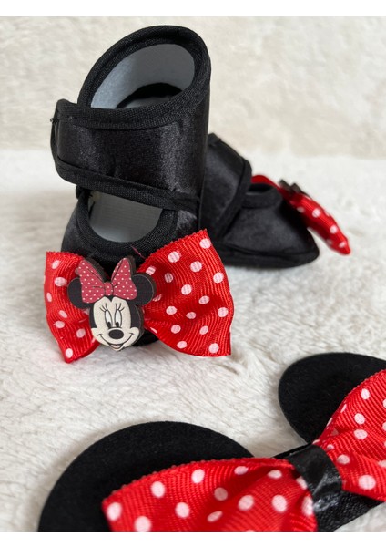 Masal Baby Kids Kız Bebek Minnie Mouse Patik  Mickey Mouse Bandanalı Siyah Patik  Yeni Doğan Bebek Hediyelik