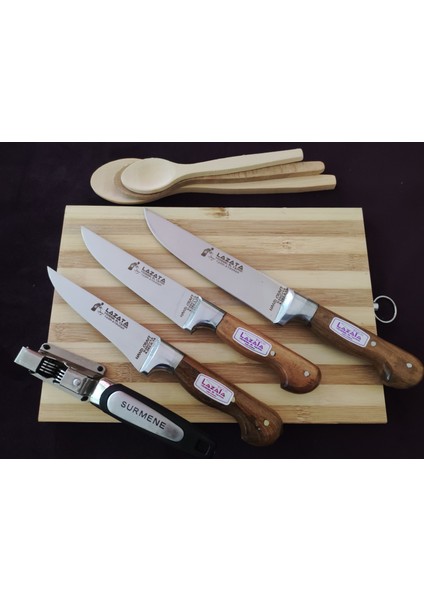 3'Lü Orjinal Lazata Sürmene Kasap Bıçağı+ Ahşap Kaşık Seti+ Sürmene Bıçak Bileme Aleti