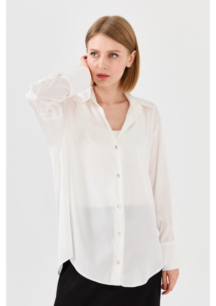Kadın Saten Patlı Gömlek Ekru