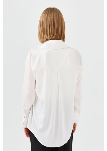 Kadın Saten Patlı Gömlek Ekru modelleri