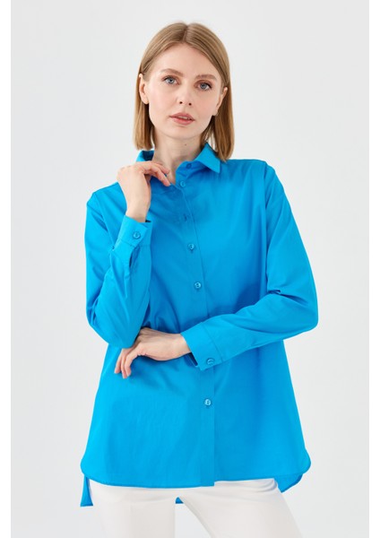 Kadın Koton Uzun Gömlek Mavi