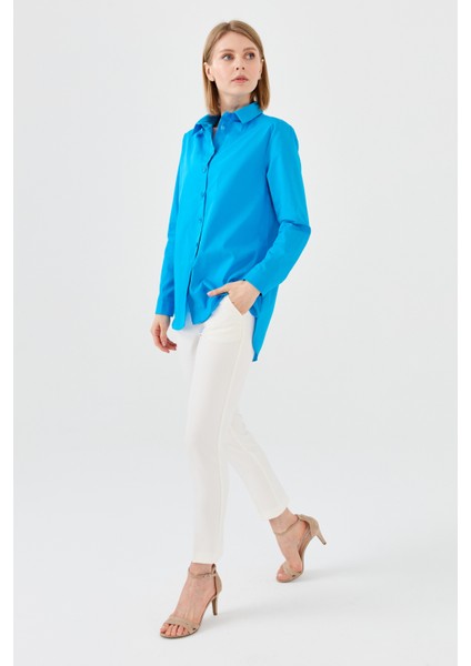 Kadın Koton Uzun Gömlek Mavi modelleri