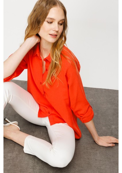 Kadın Geniş Kesim Düz Keten Gömlek Oranj