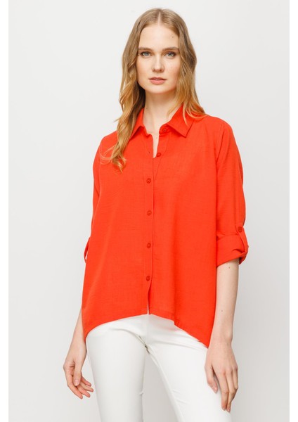 Kadın Geniş Kesim Düz Keten Gömlek Oranj fiyatları