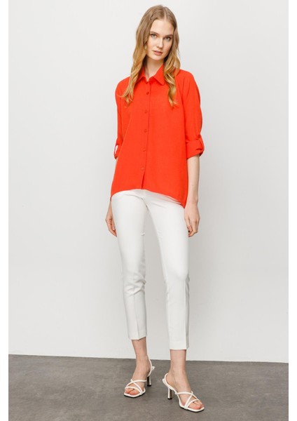 Kadın Geniş Kesim Düz Keten Gömlek Oranj modelleri