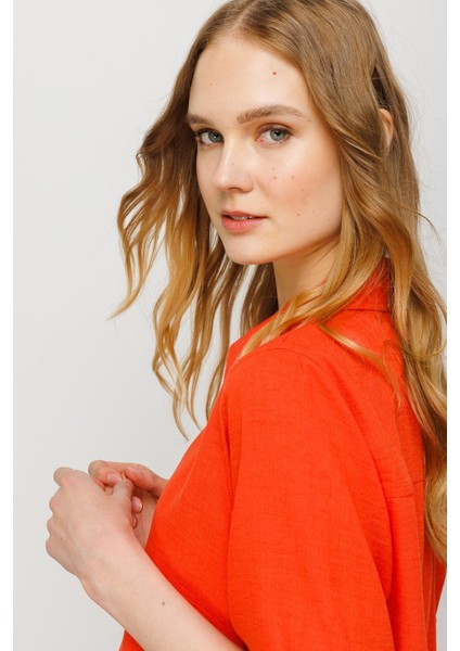 Kadın Geniş Kesim Düz Keten Gömlek Oranj fırsatları
