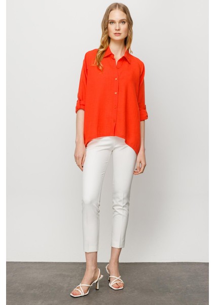 Kadın Geniş Kesim Düz Keten Gömlek Oranj indirimleri