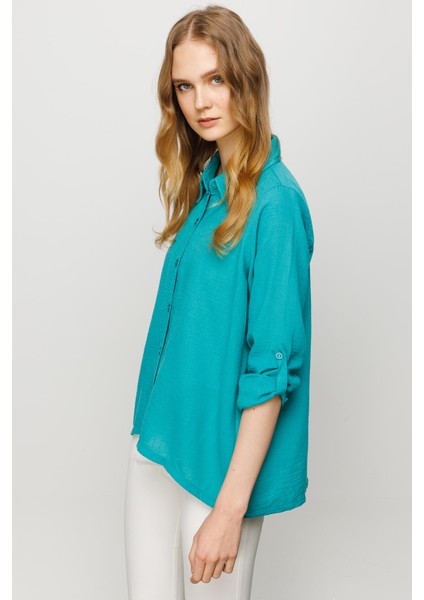 Kadın Geniş Kesim Düz Keten Gömlek Yeşil