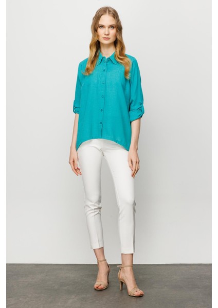 Kadın Geniş Kesim Düz Keten Gömlek Yeşil fiyatları