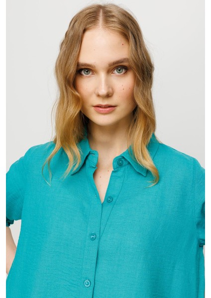 Kadın Geniş Kesim Düz Keten Gömlek Yeşil modelleri