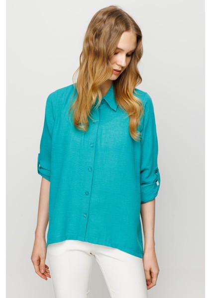 Kadın Geniş Kesim Düz Keten Gömlek Yeşil fırsatları